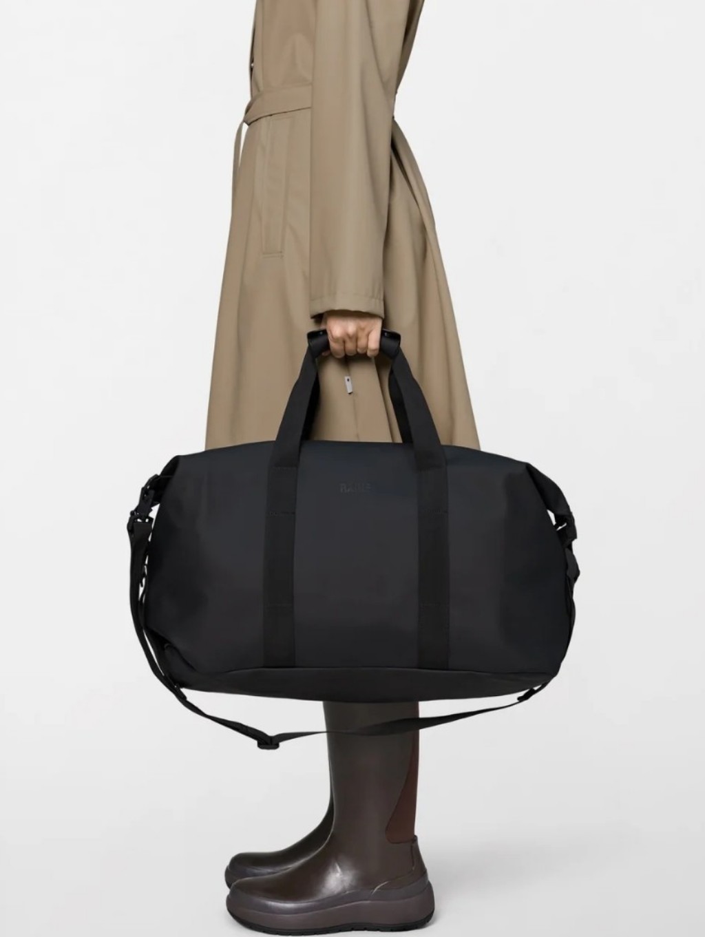 Rains Black Waterpeoof Unisex Duffel Bag With Webbed Handles